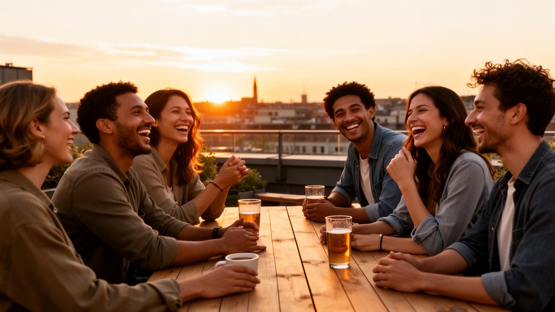 Vrienden lachen samen aan een tafel